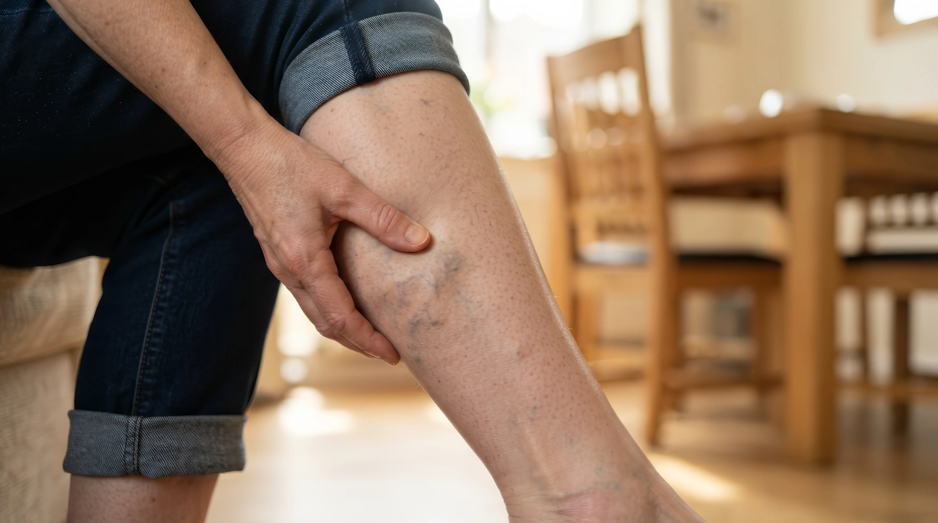 leg showing prominent spider veins and varicose veins Person examining varicose veins on leg in home setting