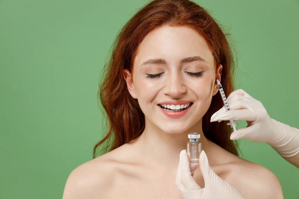 Woman smiling while receiving a cosmetic injection Woman smiling while receiving a cosmetic injection