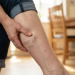 Person examining varicose veins on leg in home setting