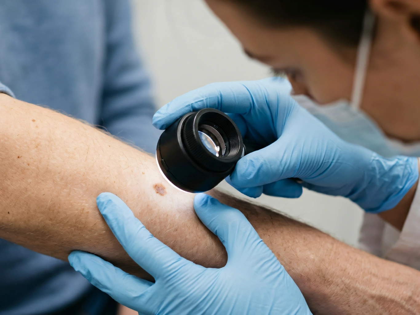 medical skin checkup for cancer screening in clinic woman dermatologist examining mole on arm of man