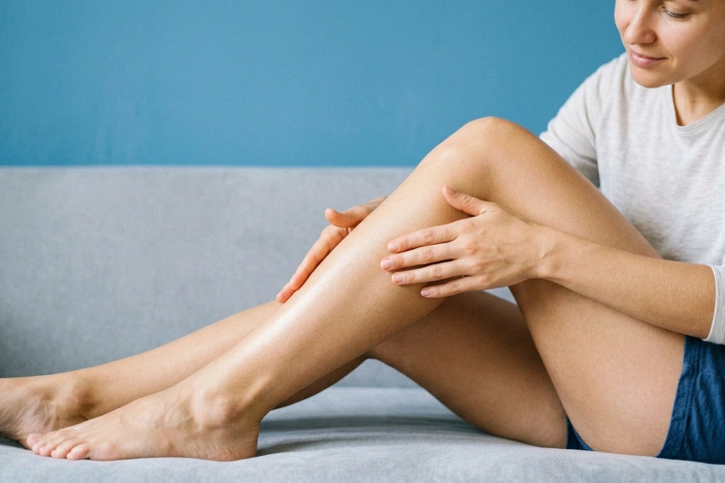 cropped shot of a woman touching her legs with smooth silky and soft skin