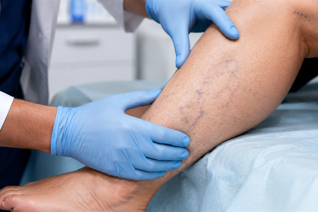 Treatment of varicose veins on leg by healthcare professional wearing gloves